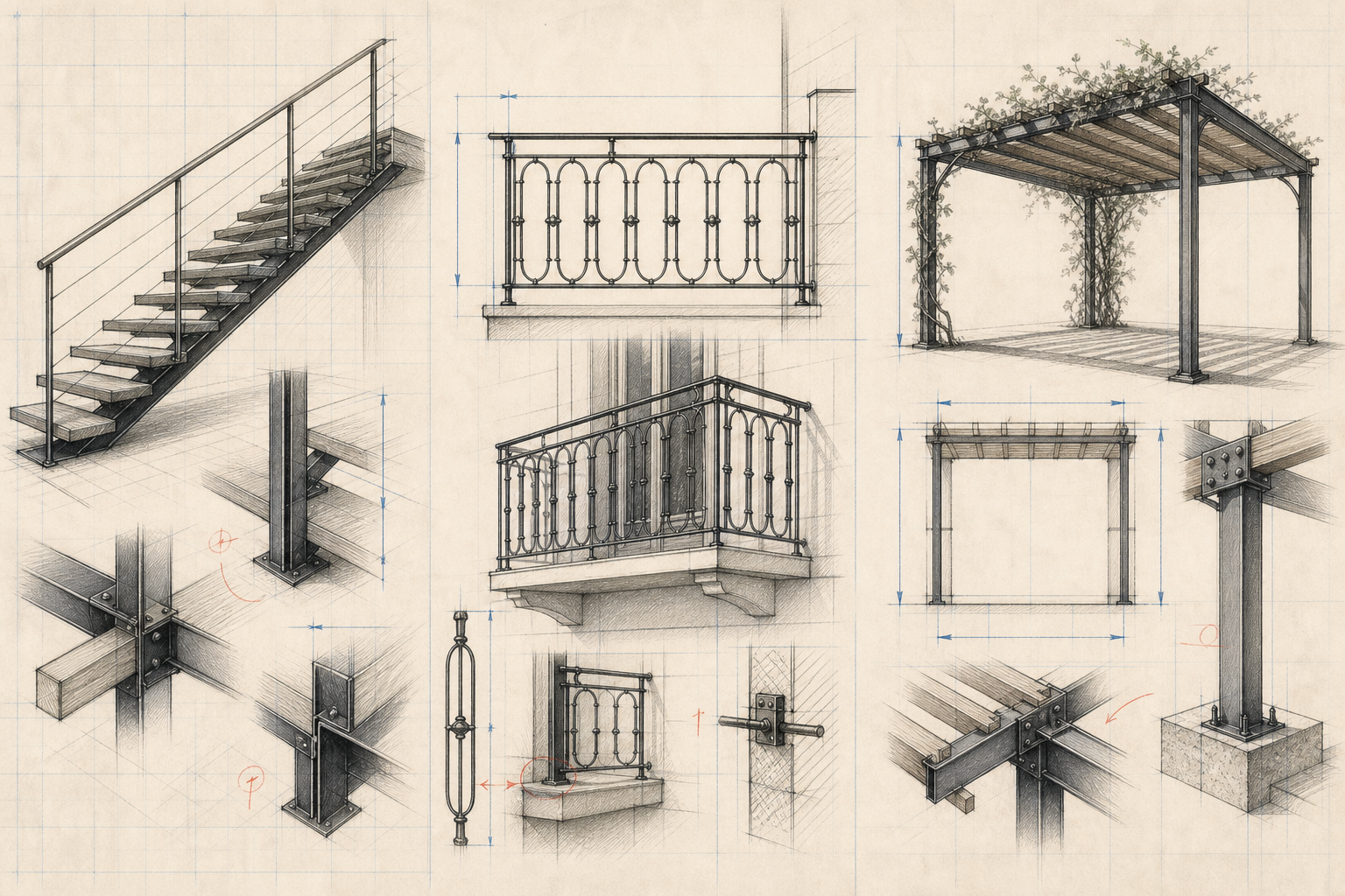 Croquis techniques d’escaliers, garde-corps et pergolas métalliques