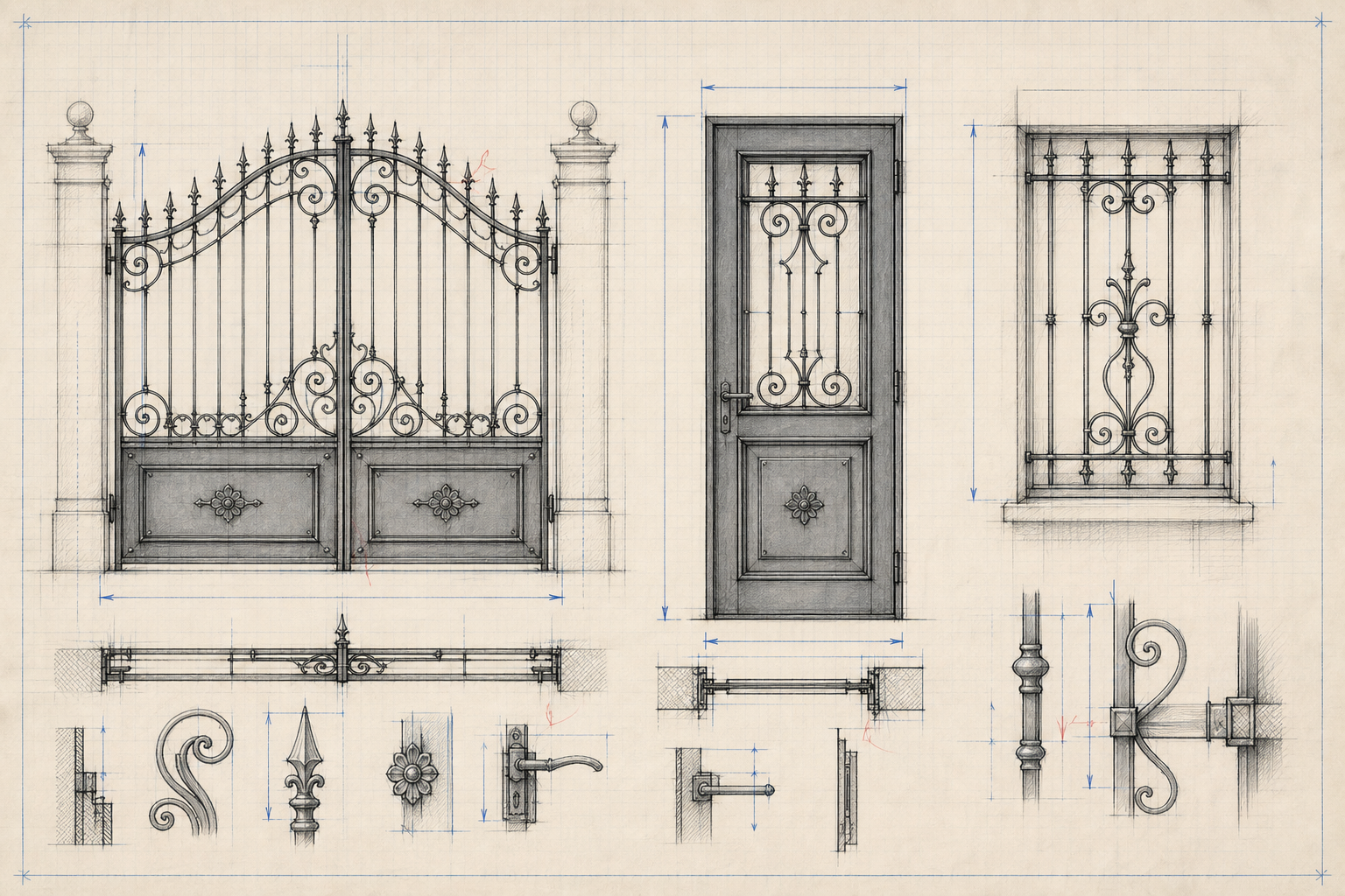 Planche de croquis techniques de portails, portes et grilles